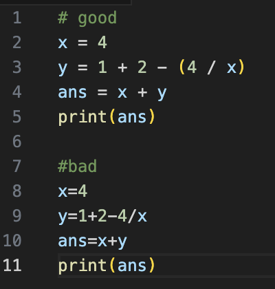 A code editor showing two examples of simple, algebraic code, formatted two separate ways.